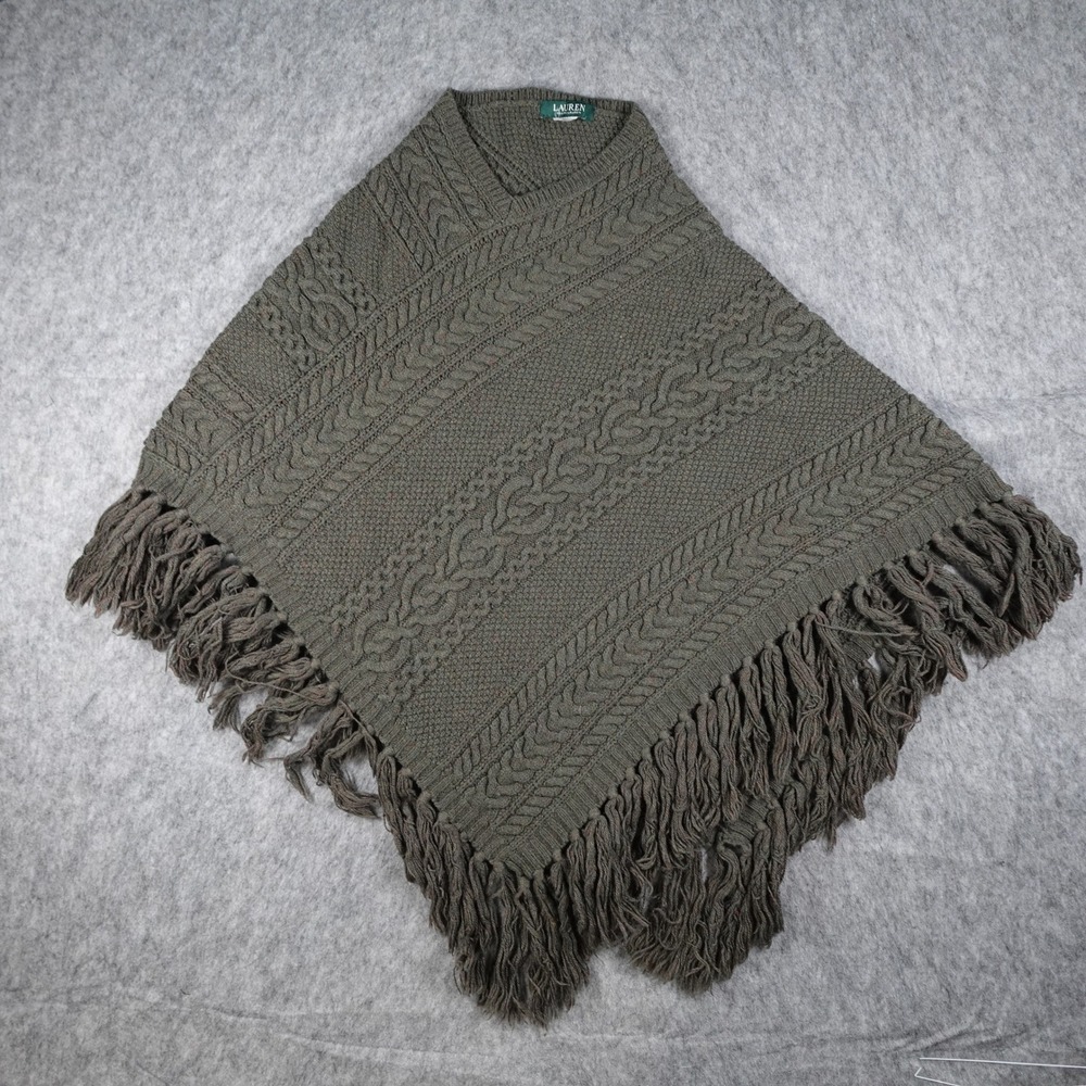 Ralph Lauren Poncho Women One Size Green Cable Knit Fringe V Neck Tassel